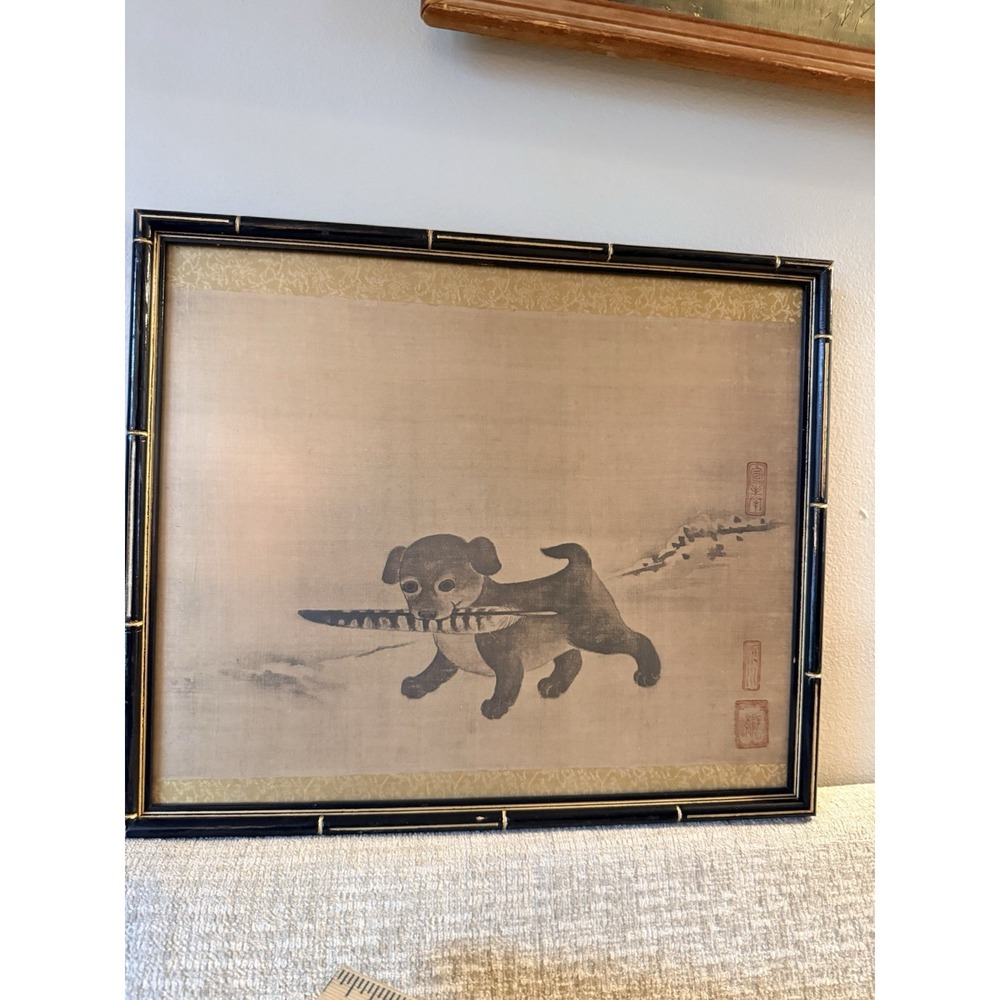 Chinese Silk Watercolor Puppy Carrying Pheasant Feather Framed Art 17th C Style